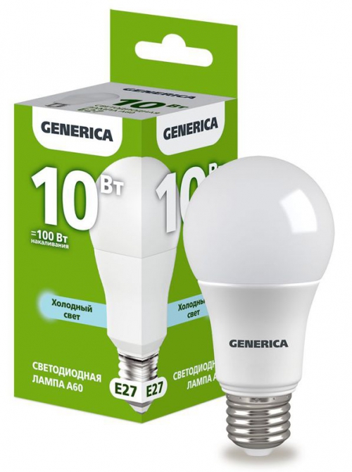 Лампа светодиодная A60 10Вт грушевидная 6500К E27 230В GENERICA LL-A60-10-230-65-E27-G LL-A60-10-230-65-E27-G
