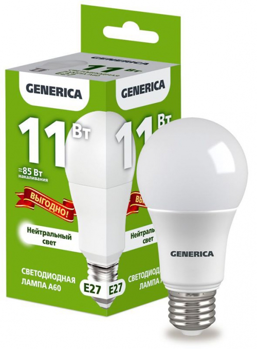 Лампа светодиодная A60 11Вт грушевидная 4000К E27 230В промо GENERICA LL-A60-11-230-40-E27-G LL-A60-11-230-40-E27-G