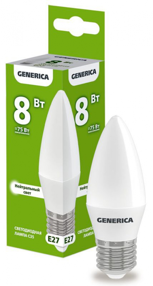 Лампа светодиодная C35 8Вт свеча 4000К E27 230В GENERICA LL-C35-08-230-40-E27-G LL-C35-08-230-40-E27-G