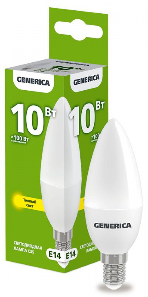 Лампа светодиодная C35 10Вт свеча 3000К E14 230В GENERICA LL-C35-10-230-30-E14-G LL-C35-10-230-30-E14-G
