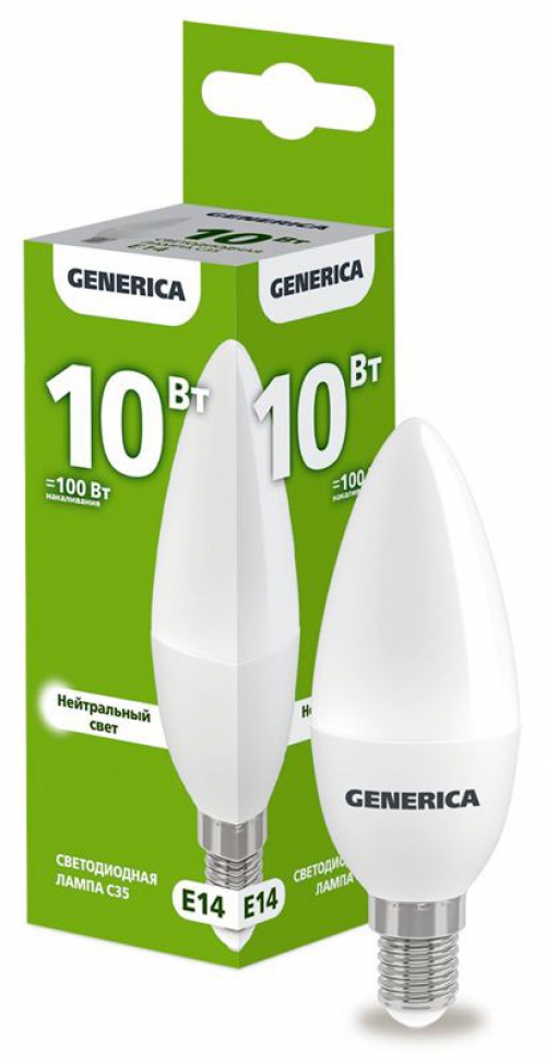 Лампа светодиодная C35 10Вт свеча 4000К E14 230В GENERICA LL-C35-10-230-40-E14-G LL-C35-10-230-40-E14-G