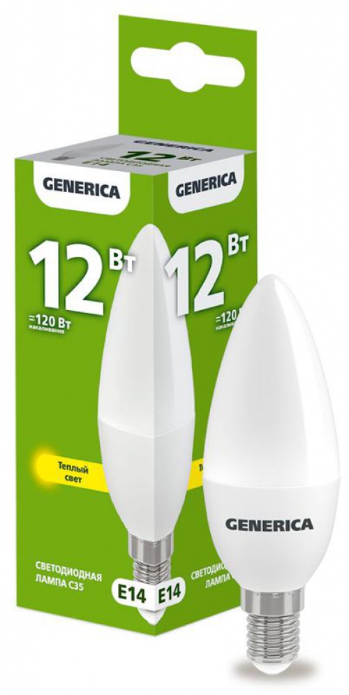 Лампа светодиодная C35 12Вт свеча 3000К E14 230В GENERICA LL-C35-12-230-30-E14-G LL-C35-12-230-30-E14-G