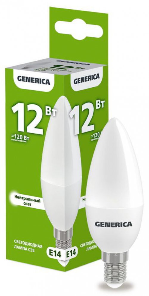Лампа светодиодная C35 12Вт свеча 4000К E14 230В GENERICA LL-C35-12-230-40-E14-G LL-C35-12-230-40-E14-G