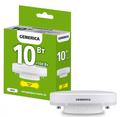Лампа светодиодная T80 10Вт таблетка 3000К GX53 230В GENERICA LL-T80-10-230-30-GX53-G LL-T80-10-230-30-GX53-G