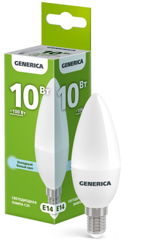 Лампа светодиодная C35 10Вт свеча 6500К E14 230В GENERICA LL-C35-10-230-65-E14-G LL-C35-10-230-65-E14-G