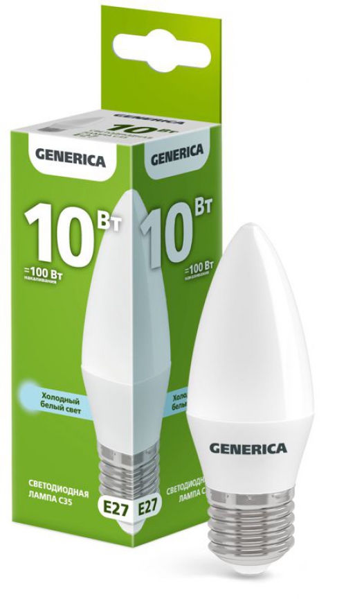 Лампа светодиодная C35 10Вт свеча 6500К E27 230В GENERICA LL-C35-10-230-65-E27-G LL-C35-10-230-65-E27-G
