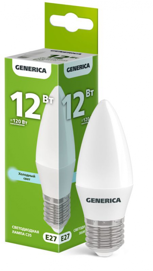 Лампа светодиодная C35 12Вт свеча 6500К E27 230В GENERICA LL-C35-12-230-65-E27-G LL-C35-12-230-65-E27-G