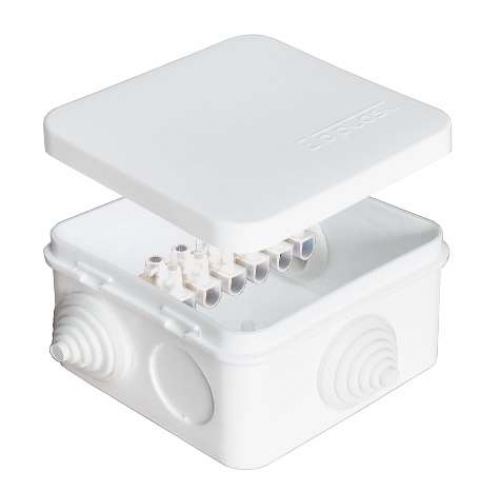 Коробка распр. ОП 75х75х45 7 выходов 3 гермоввода с клемм. 10А 6 контактов IP54 крышка защелкивающаяся бел. Epplast 220323 220323