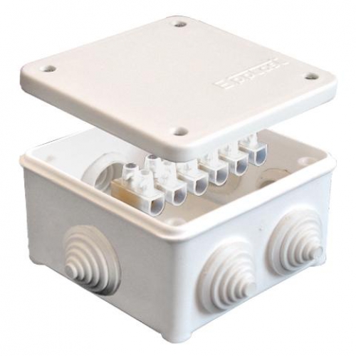Коробка распр. ОП 85х85х45 7 выходов 3 гермоввода с клемм. 10А 6 контактов IP54 крышка на винтах бел. Epplast 130113 130113