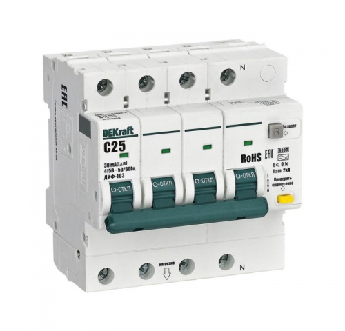 Выключатель автоматический дифференциального тока (АВДТ) 3P+N C 25А 30мА AC ДИФ-103 6кА DEKraft 16403DEK 16403DEK