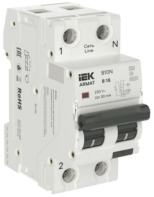 Выключатель автоматический дифференциального тока 2п (1P+NP) B 16 30мА тип A АВДТ B10N 36мм ARMAT IEK AR-B10N-1N-B016A030 AR-B10N-1N-B016A030