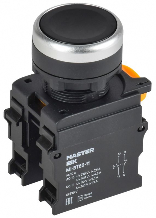 Кнопка d22мм 1НО+1НЗ MASTER черн. IEK MI-BT60-11-3-22-K02 MI-BT60-11-3-22-K02