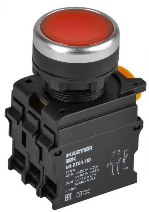 Кнопка d22мм 1НО+1НЗ MASTER с подсветкой красн. IEK MI-BT60-11D-3-12-K04 MI-BT60-11D-3-12-K04