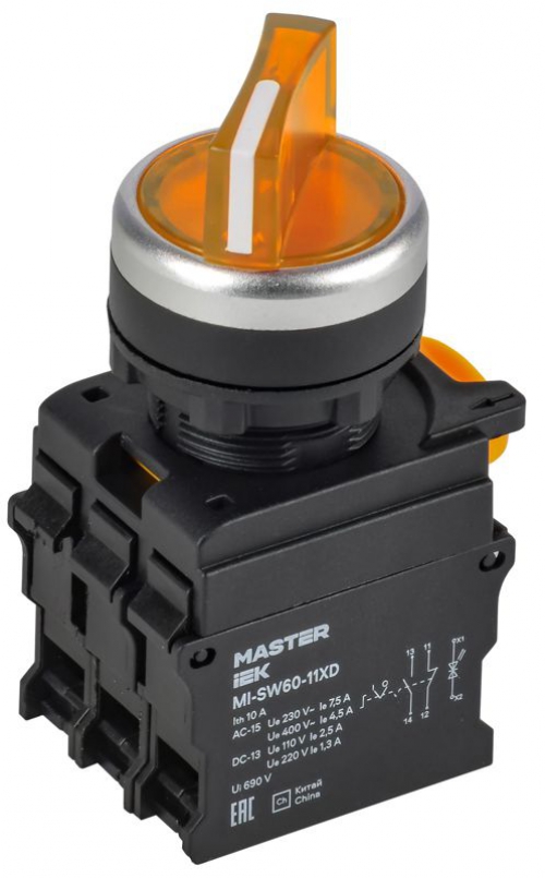 Переключатель 2 полож. 1НО+1НЗ с подсветкой желт. MASTER IEK MI-SW60-11XD-3-14-2-K05 MI-SW60-11XD-3-14-2-K05