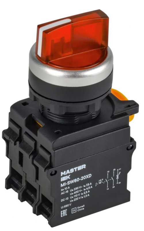 Переключатель 3 полож. 2НО с подсветкой красн. MASTER IEK MI-SW60-20XD-4-14-3-K04 MI-SW60-20XD-4-14-3-K04