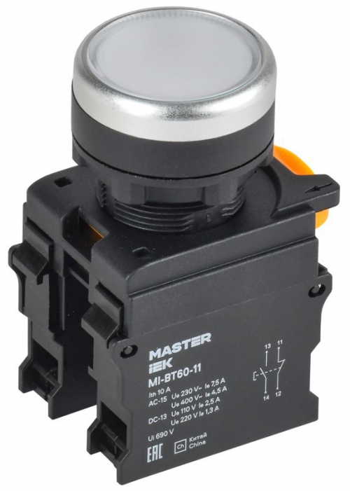 Кнопка d22мм 1НО+1НЗ MASTER бел. IEK MI-BT60-11-3-22-K01 MI-BT60-11-3-22-K01