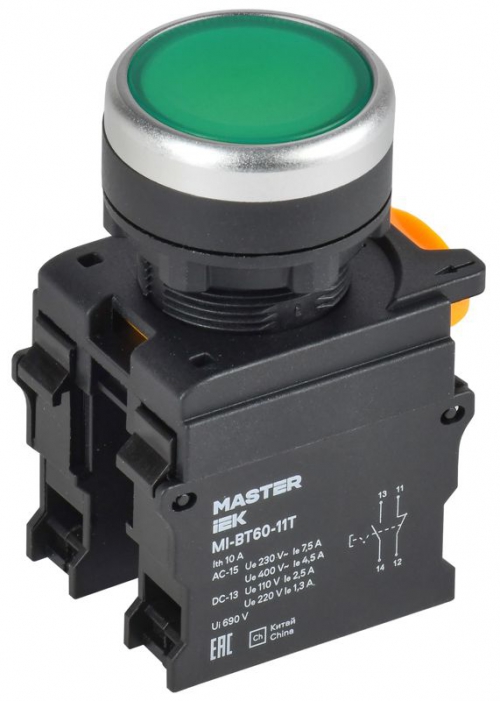 Кнопка d22мм 1НО+1НЗ MASTER с фиксацией зел. IEK MI-BT60-11T-3-21-K06 MI-BT60-11T-3-21-K06