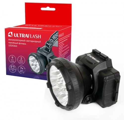 Фонарь налобный аккумуляторный LED 5363 (220В 9LED 2 режима; черн.) Ultraflash 11257 11257