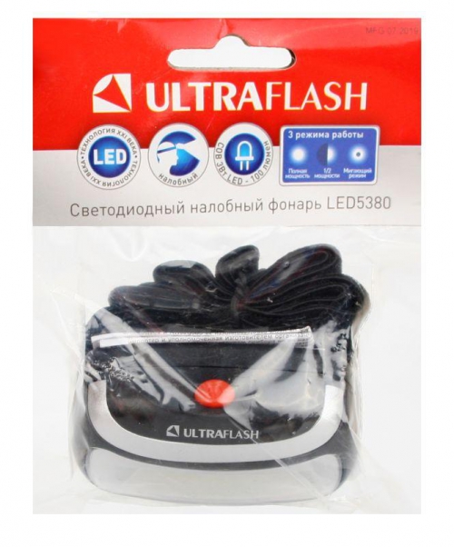 Фонарь налобный LED 5380 (3Вт COB LED 3 режима черн. пласт. пакет) Ultraflash 12870 12870