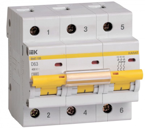 Выключатель автоматический модульный 3п D 63А 10кА ВА47-100 ИЭК MVA40-3-063-D MVA40-3-063-D