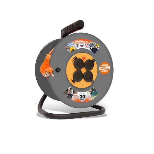 Удлинитель на катушке 4х30м с заземл. 16А IP44 ВЕМ-250 термо ПВС 3х1.5 розетки с защ. крышкой UNIVersal 9634174 9634174