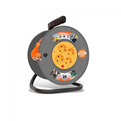 Удлинитель на катушке 4х20м с заземл. 6А IP44 ВЕМ-250 термо ПВС 3х0.75 розетки с защ. шторками UNIVersal 1679 1679