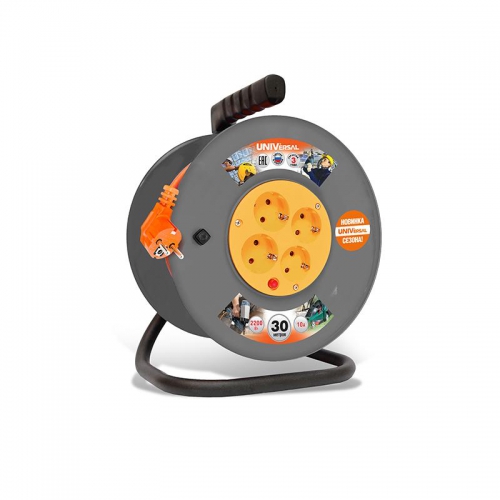 Удлинитель на катушке 4х30м с заземл. 6А IP44 ВЕМ-250 термо ПВС 3х0.75 розетки с защ. шторками UNIVersal 1680 1680