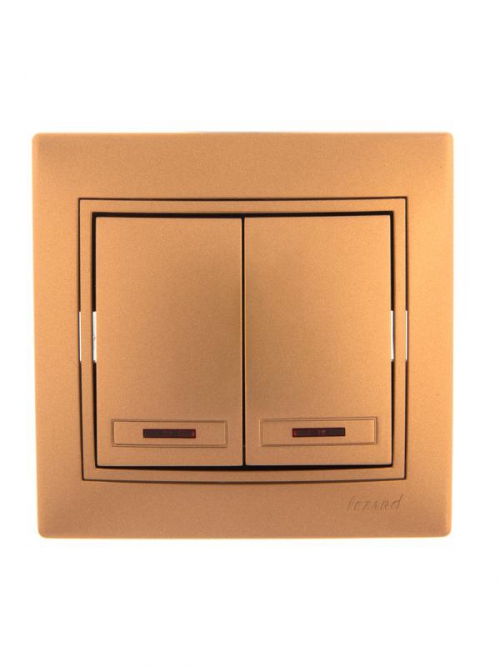 Выключатель 2-кл. СП Mira 10А IP20 с подсветкой со вставкой зол. метал. LEZARD 701-1313-112 701-1313-112