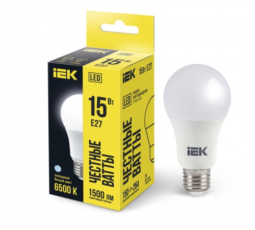 Лампа светодиодная ECO A60 15Вт грушевидная 230В 6500К E27 IEK LLE-A60-15-230-65-E27 LLE-A60-15-230-65-E27