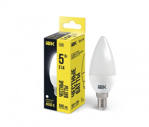 Лампа светодиодная Eco 5Вт C35 свеча 4000К нейтр. бел. E14 450лм 230-240В IEK LLE-C35-5-230-40-E14 LLE-C35-5-230-40-E14