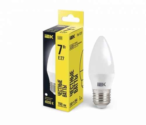 Лампа светодиодная Eco 7Вт C35 свеча 4000К нейтр. бел. E27 230В IEK LLE-C35-7-230-40-E27 LLE-C35-7-230-40-E27
