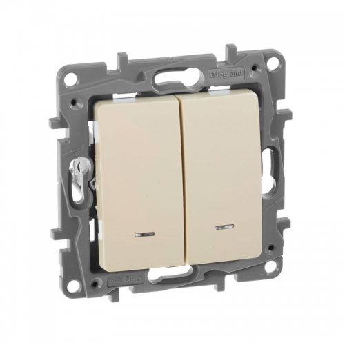 Выключатель 2-кл. СП Etika 10А IP20 250В 10AX с подсветкой/индикацией безвинт. зажимы механизм сл. кость Leg 672304 672304