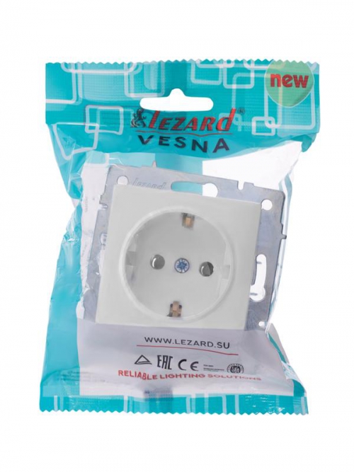 Розетка 1-м СП Vesna с заземл. ПБТ механизм бел. LEZARD 742-0288-122B 742-0288-122B