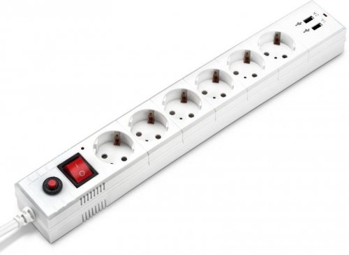 Удлинитель с сетевым фильтром 6х3м с заземл. 10А IP20 BU-SP3_USB_2A-W 2.2кВт CCA бел. BURO 992311 992311
