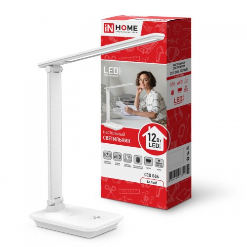 Светильник настольный светодиодный ССО 06Б 12Вт 3000-6500К 600лм сенсор-диммер с подставкой под телефон с адаптером бел. IN HOME 4690612036519 4690612036519