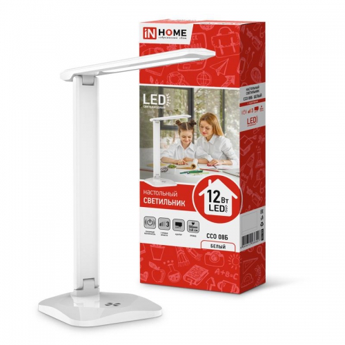 Светильник настольный светодиодный ССО 08Б 12Вт 3000-6500К 600лм сенсор-диммер с адаптером бел. IN HOME 4690612036557 4690612036557
