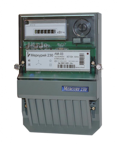 Счетчик Меркурий 230 AM-03 3ф 5-7.5А класс точн. 0.5S/1.0 1 тариф. импульс. вых. на панель мех. ОУ Инкотекс 00000032429 00000032429