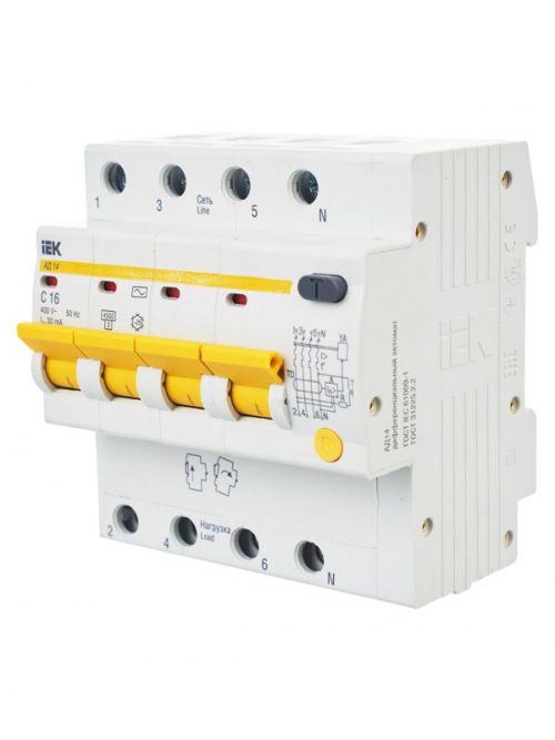 Выключатель автоматический дифференциального тока 4п C 16А 30мА тип AC 4.5кА АД-14 IEK MAD10-4-016-C-030 MAD10-4-016-C-030