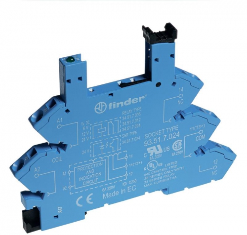 Розетка с безвинт. клеммами (пружинный зажим) для реле 34 серии 24В DC в комплекте пластик. клипса опции: LED FINDER 93517024 93517024