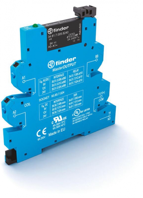 Модуль интерфейсный (сборка 34.81.7.024.9024 + 93.65.7.024) твердотельное реле MasterOUTPUT выход 6А (24В DC) 24В DC IP20 безвинт. клеммы Push-in FINDER 395070249024 395070249024