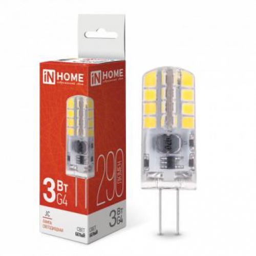 Лампа светодиодная LED-JC 3Вт капсульная прозрачная 4000К нейтр. бел. G4 290лм 12В IN HOME 4690612036021 4690612036021