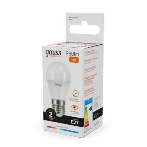 Лампа светодиодная Elementary 12Вт P45 шар 3000К тепл. бел. E27 880лм GAUSS 53212 53212