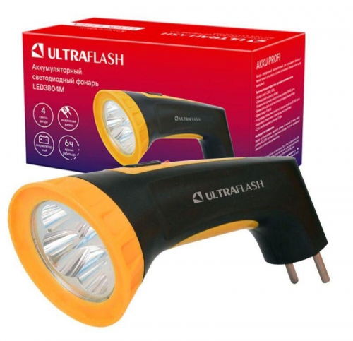 Фонарь аккумуляторный LED3804M 4LED аккум. SLA 220В пластик. черн./желт. (кор.) Ultraflash 12867 12867