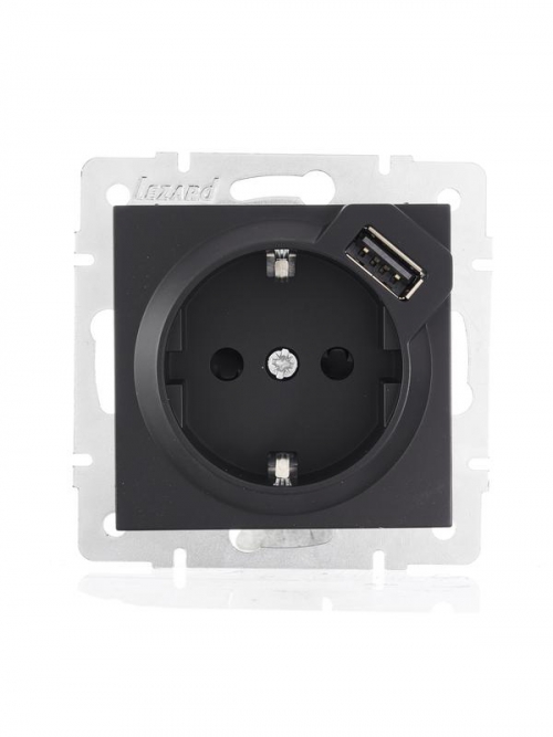 Розетка 1-м СП Vesna с заземл. с заряд. устройством USB механизм черн. бархат LEZARD 742-4288-181 742-4288-181