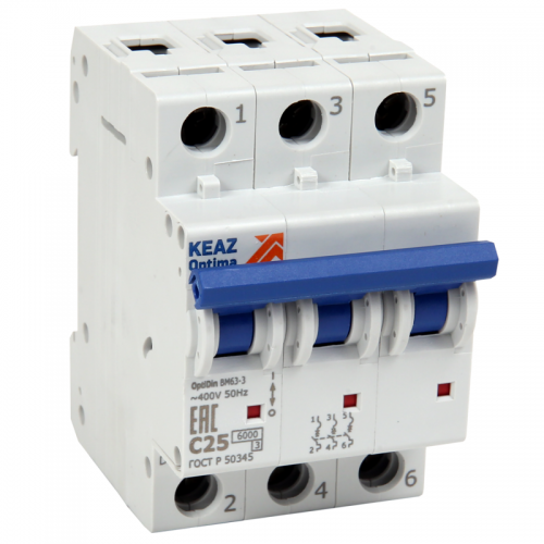 Выключатель автоматический модульный 3п D 16А OptiDin BM63-3D16-УХЛ3 КЭАЗ 260807 260807