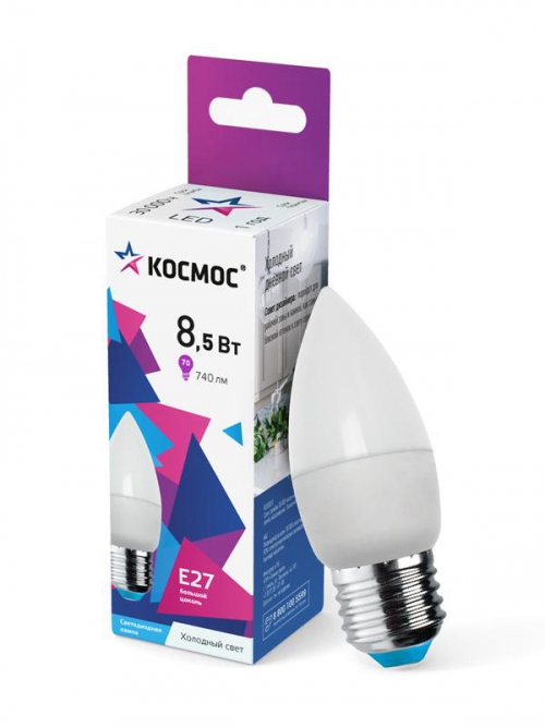 Лампа светодиодная 8.5Вт свеча 6500К холод. бел. E27 220В КОСМОС LkecLED8.5wCNE2765 LkecLED8.5wCNE2765