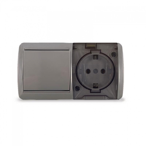 Блок ОП Клио 1-кл. выкл. 10А + розетка 1-м 16А 250В с заземл. с прозр. крышкой сер. Universal К2237-Gr К2237-Gr