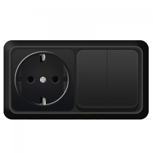 Блок ОП Олимп 2-кл. выкл. 10А + роз. с заземл. 16А 220В горизонт. черн. Universal 7946810 7946810