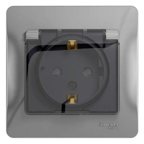 Розетка 1-м СП Glossa 16А IP44 с заземл. защ. шторки с крышкой в сборе алюм. SE GSL000348 GSL000348
