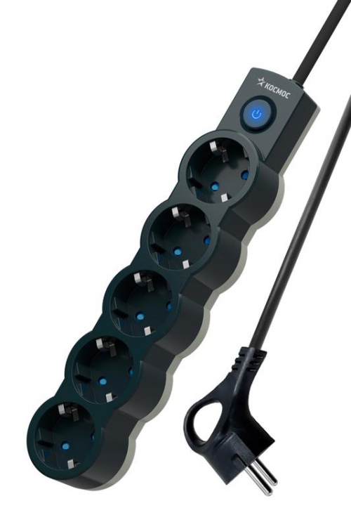 Удлинитель 5х3м ПВС 3х0.75 с защ. шторк. с заземл. IP20 с выкл. 220В 10А 2200Вт черн. КОСМОС YKsm3m-5g-Z-V10A-B YKsm3m-5g-Z-V10A-B